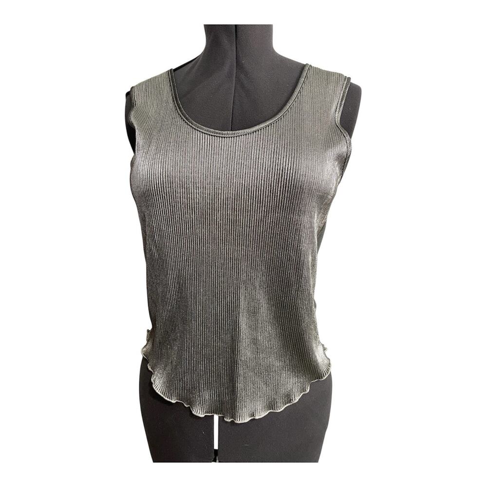 1980s Shiny Silver Black Lurex Tank Top Size Large Vintage EK Designs Stretchy